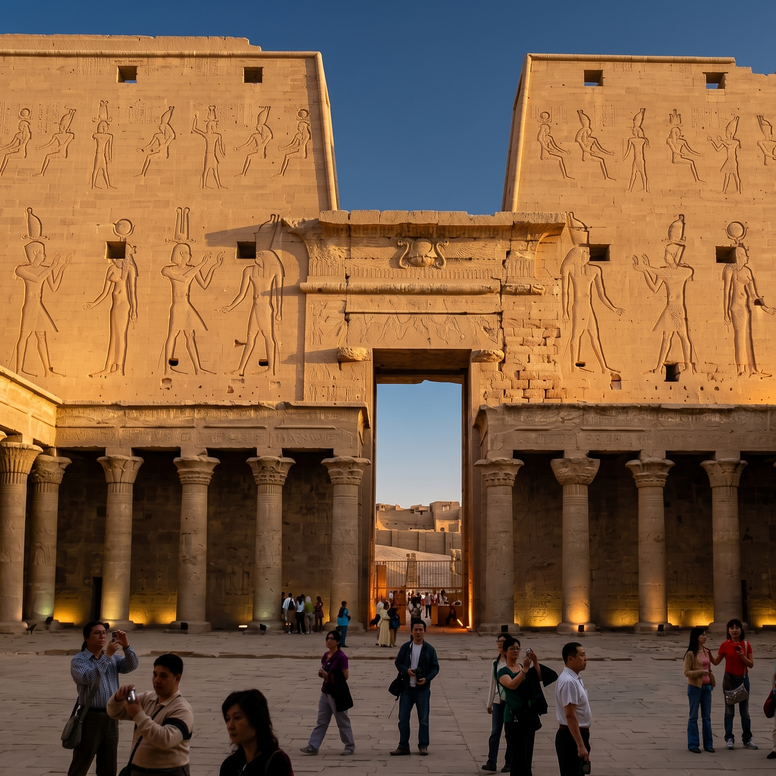 Visitors exploring an ancient Egyptian temple with carved stone reliefs