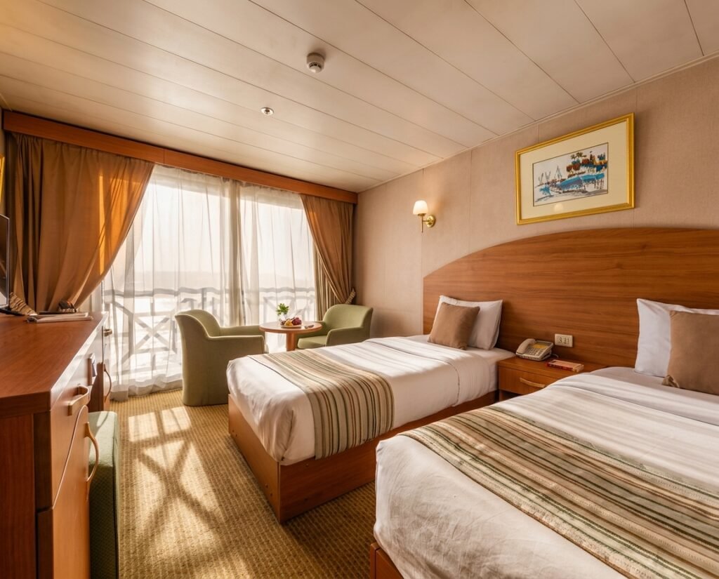 Premium Nile cruise cabin with a river view